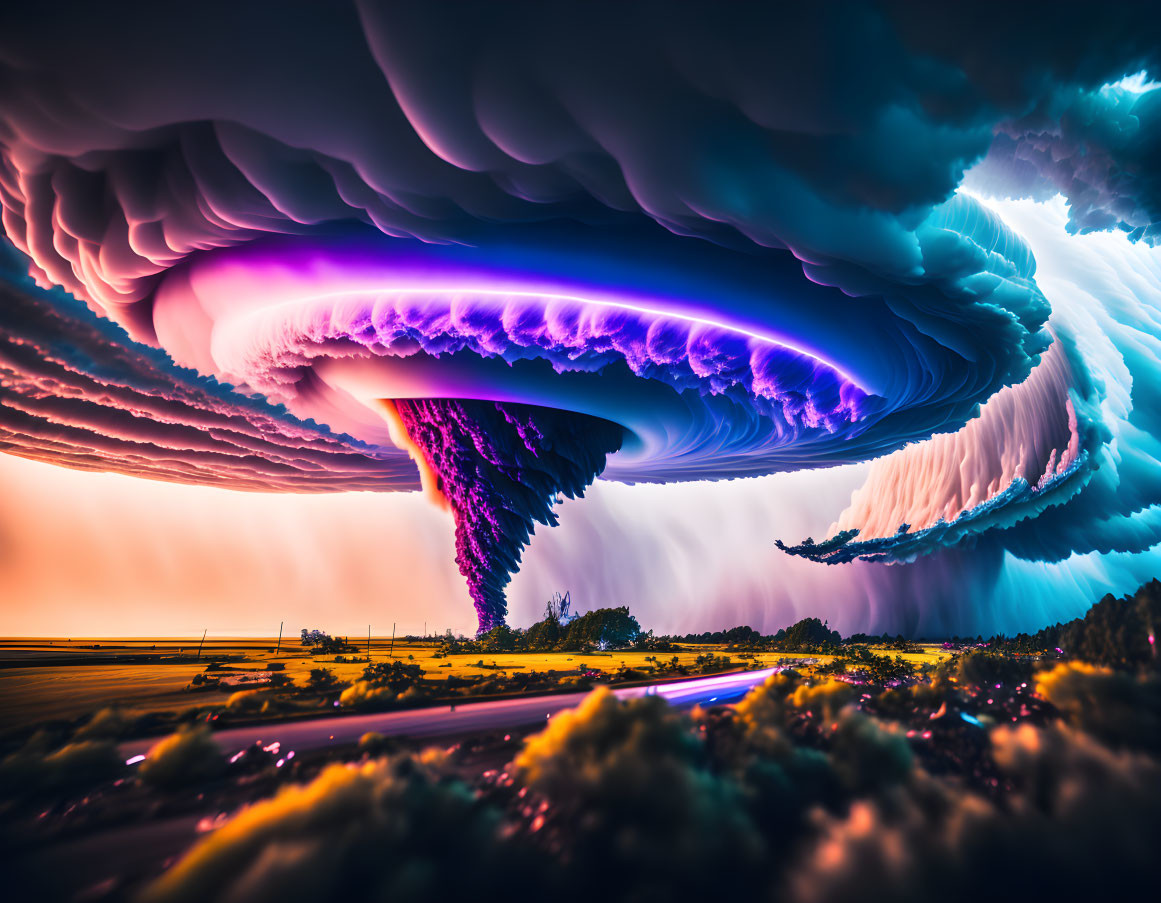 Surreal landscape with swirling purple and blue clouds over serene field