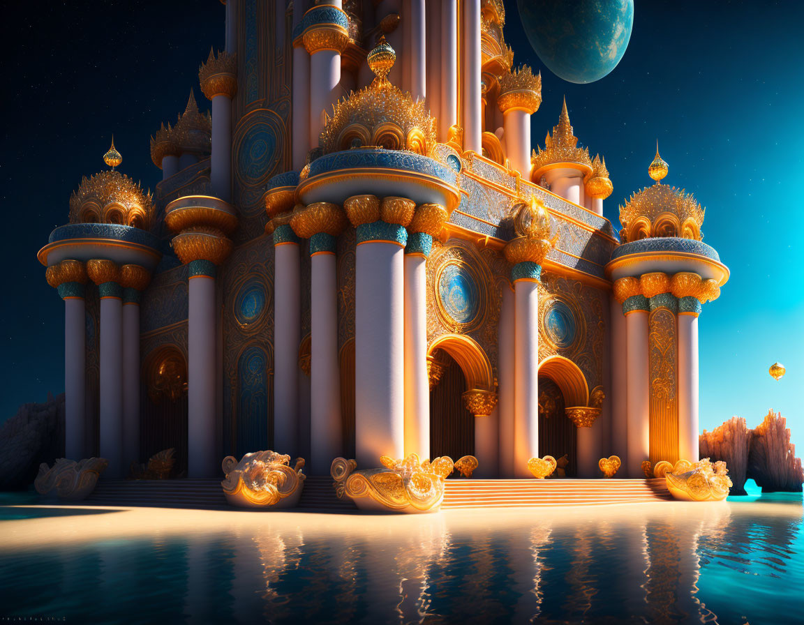 Fantasy palace with golden domes in twilight setting surrounded by water