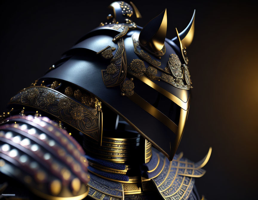 Black Samurai Helmet with Gold Detailing on Dark Background