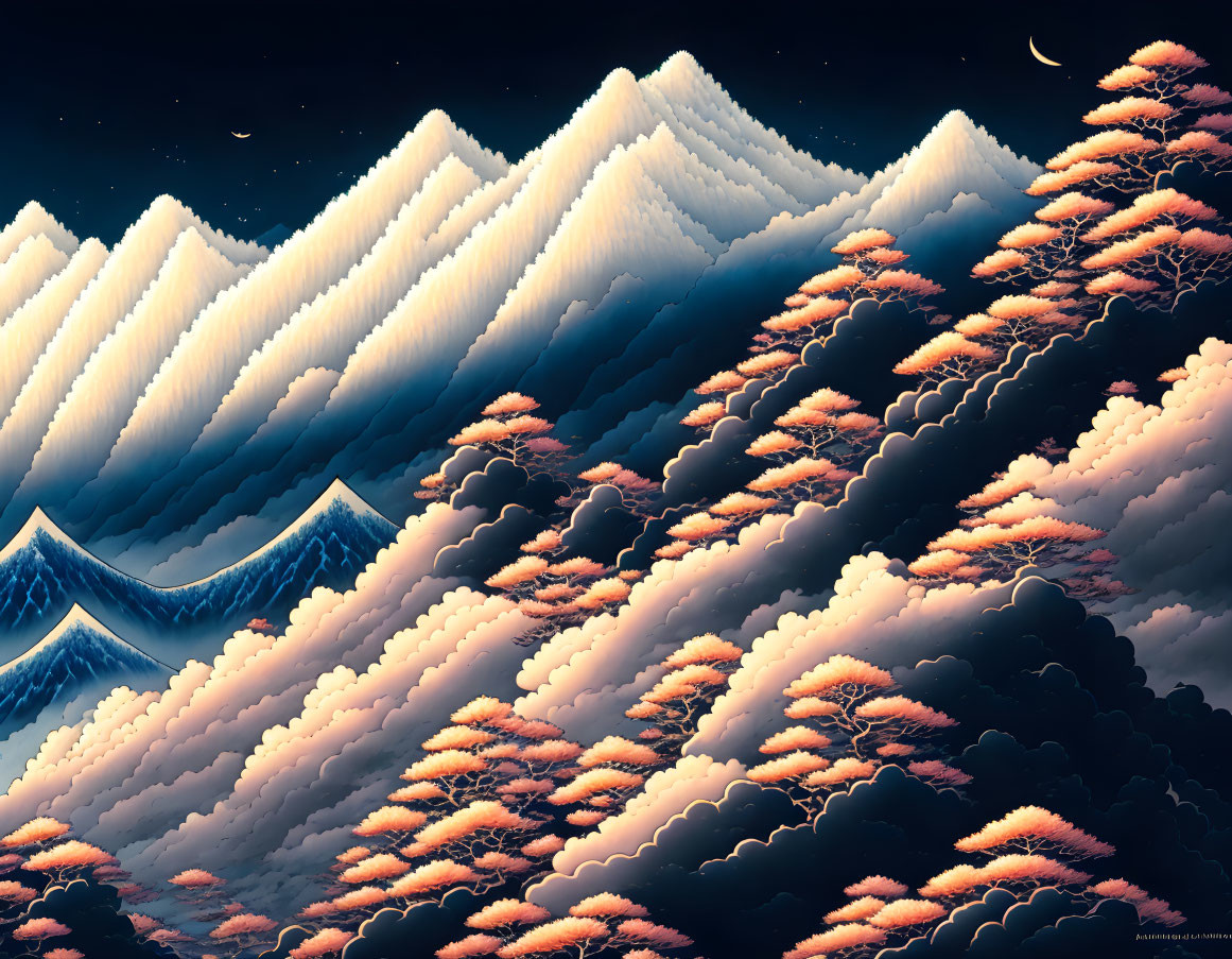 Snowy Mountains Night Sky Landscape with Crescent Moon and Autumn Trees