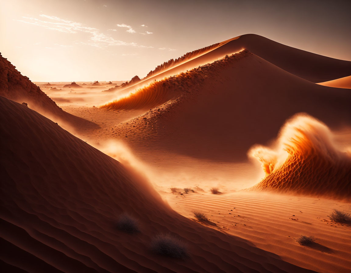 Scenic golden sand dunes under warm sky with wind patterns