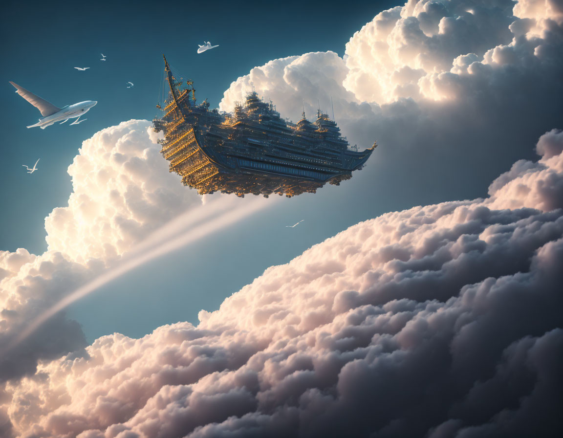 Floating ornate temple above clouds with birds, plane, and curved shadow.