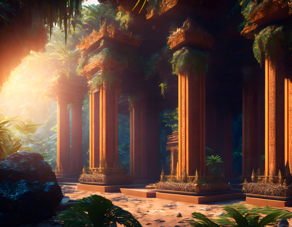 Sunlit Forest and Ancient Temple in Dense Foliage