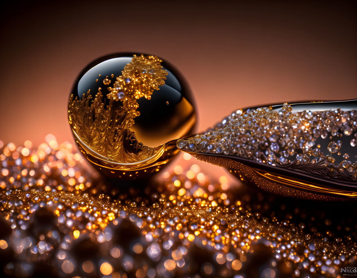 Shiny golden patterned spheres on bokeh background