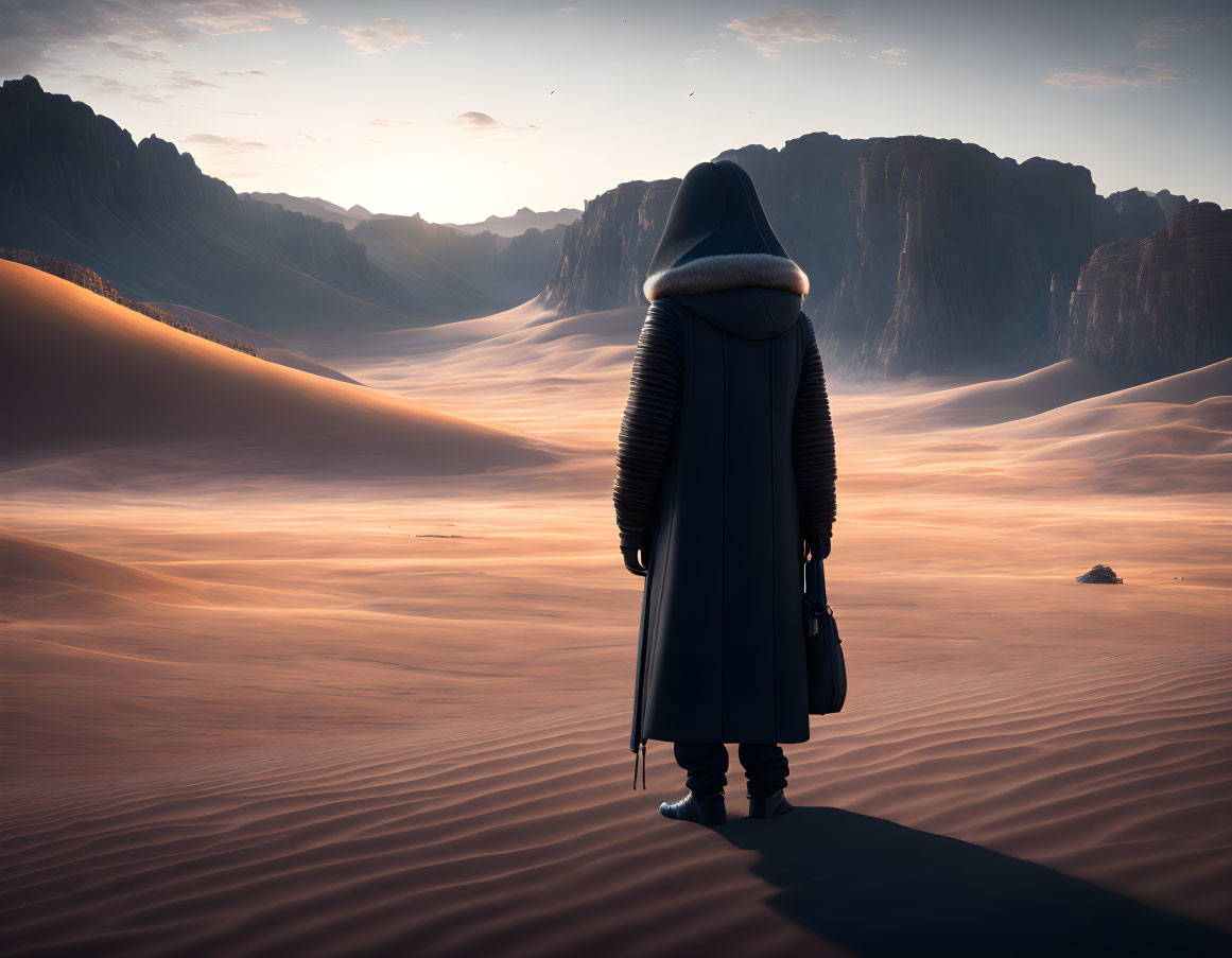 Hooded figure in desert landscape with mountains under warm sky