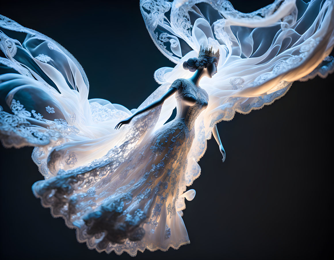 Ethereal figure with delicate wings and ornate dress in dark background