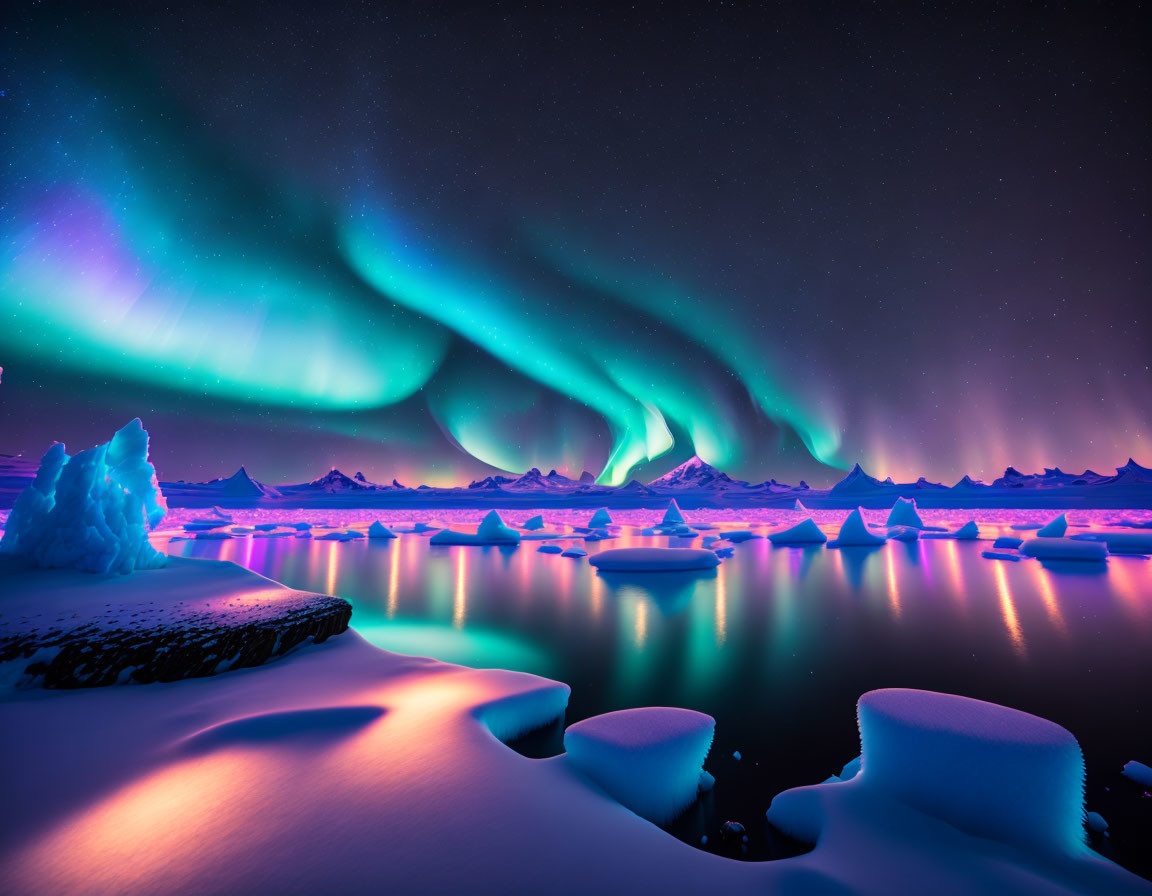 Northern Lights illuminate snowy landscape with icebergs reflecting in calm waters under starlit sky