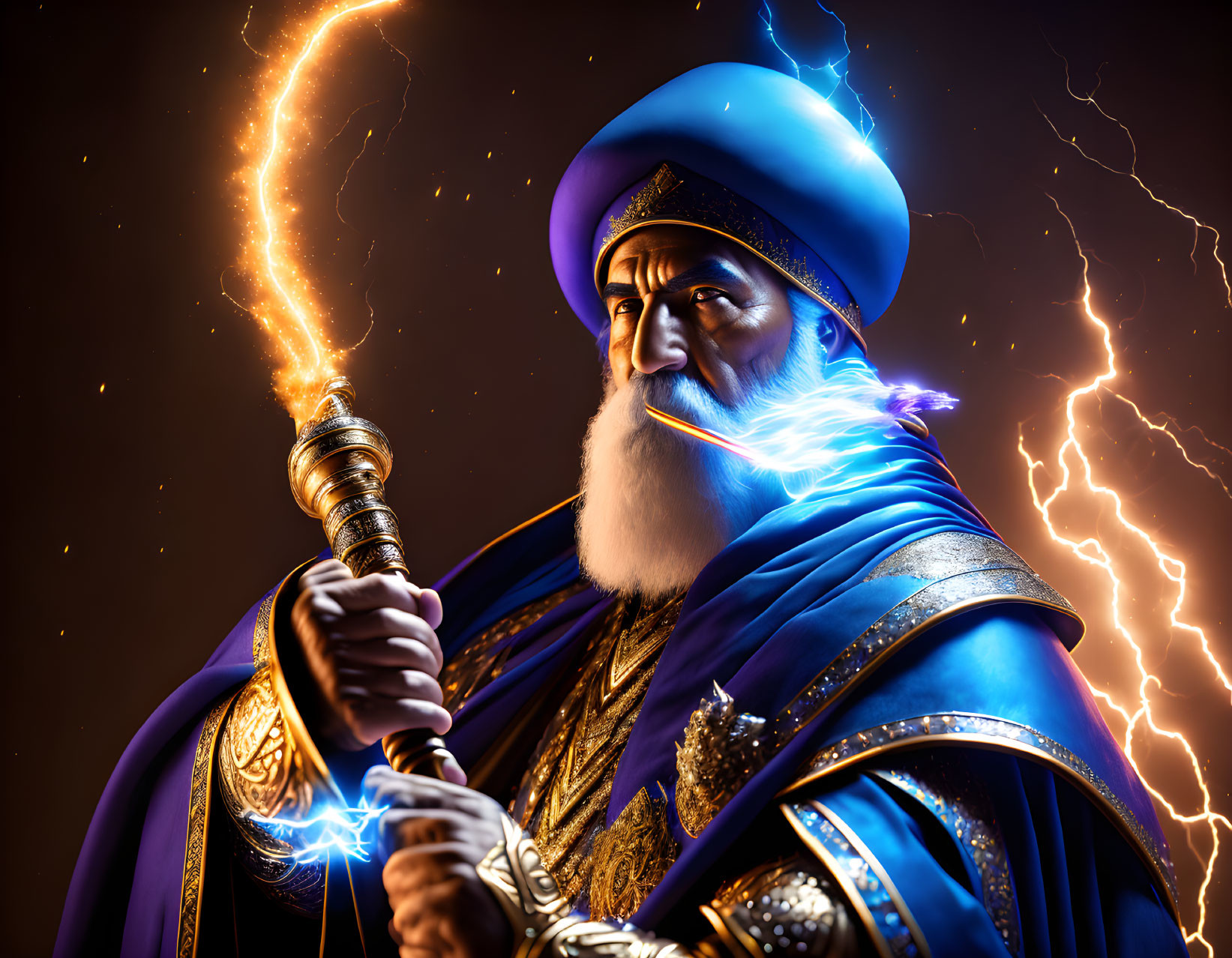 Bearded man in blue and gold robe with lightning staff on dark background