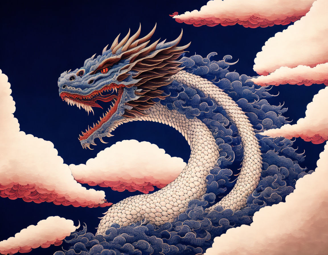 Detailed Blue and White Asian Dragon in Pink-Edged Clouds