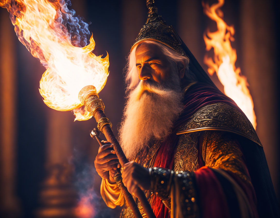 Elderly wizard with white beard and flaming staff in richly decorated robes surrounded by fire