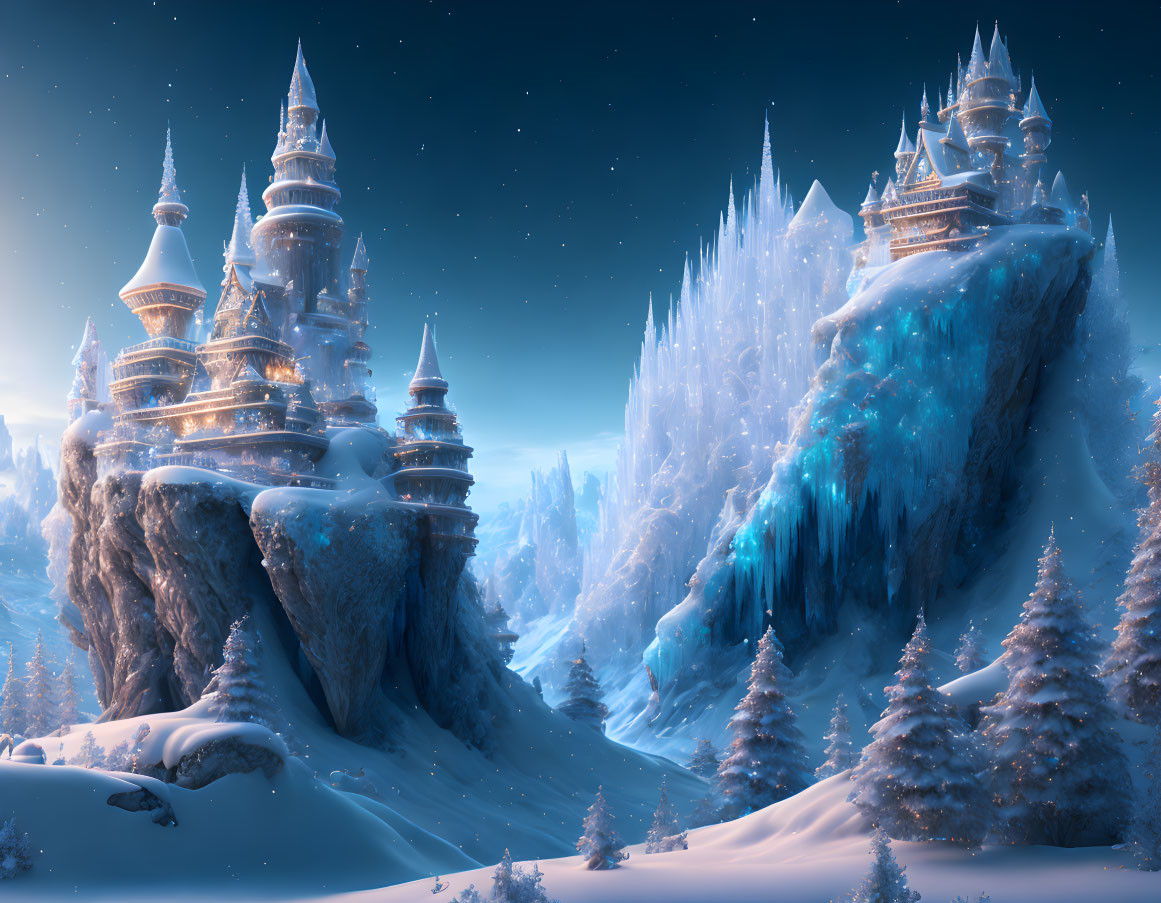 Fantasy Ice Castle on Snowy Mountain at Dusk