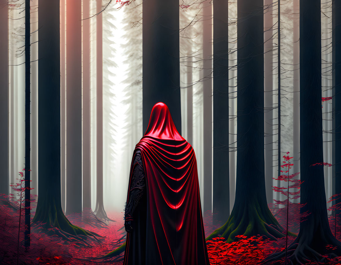 Solitary figure in red cloak in misty forest with tall trees