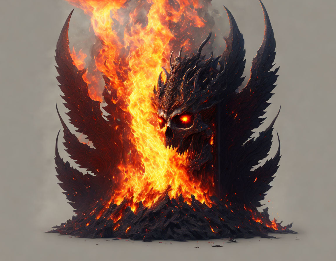 Fiery winged creature with glowing red eyes and dragon-like head emerging from flames