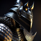 Black Samurai Helmet with Gold Detailing on Dark Background