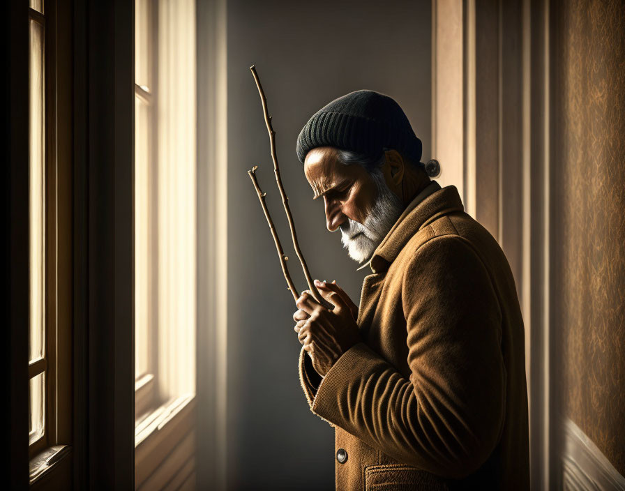 Elderly man with white beard holding rifle by sunlit window