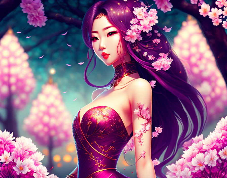 Digital artwork: Woman with flowing hair and elegant dress under cherry blossoms