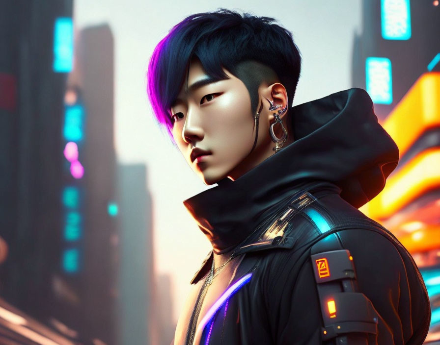 Digital portrait of a person with purple hair and futuristic attire in neon cityscape.