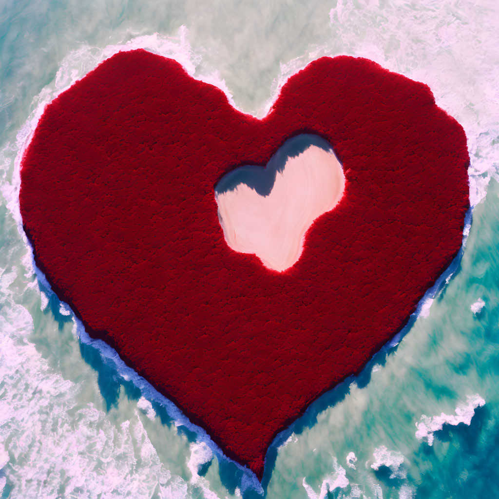 Aerial View of Large Red Heart-Shaped Island in Blue Water