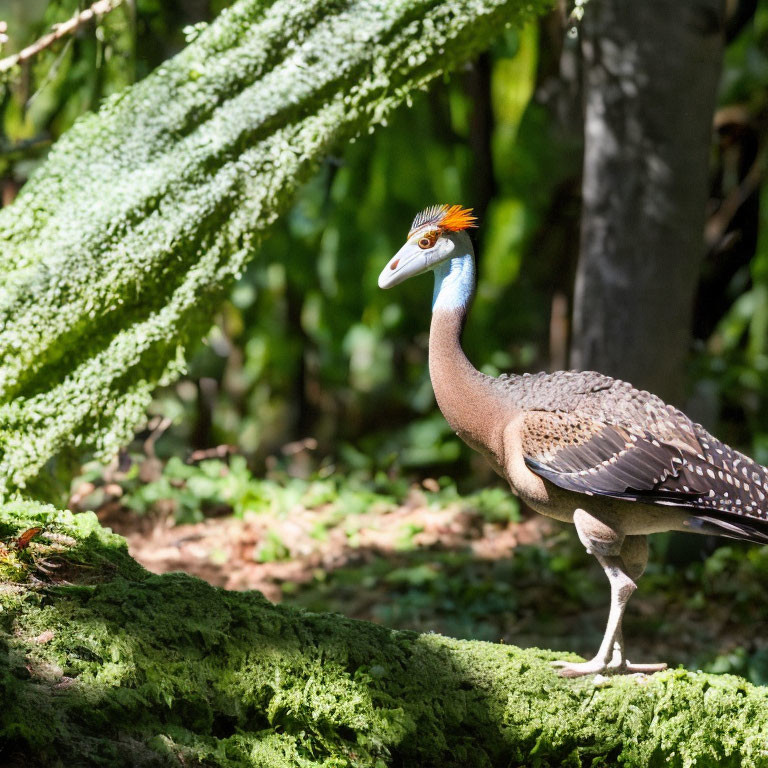 Speckled crested bird on mossy log in sunlit forest