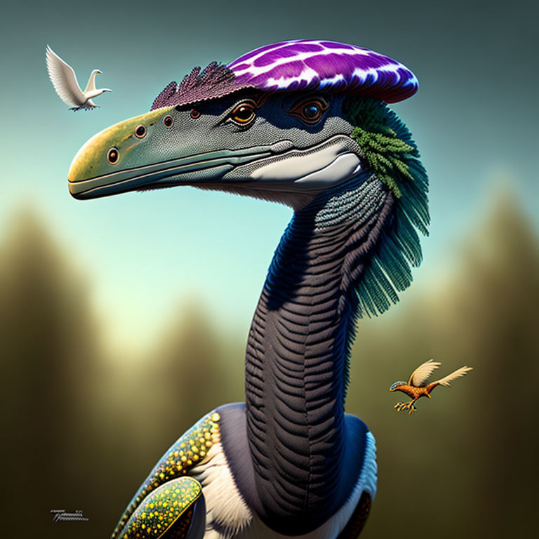 Colorful feathered dinosaur with purple and blue crest in sky with flying birds.