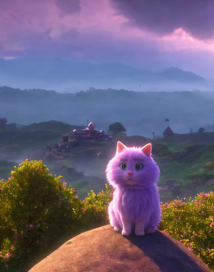 Fluffy pink cat on rock under vibrant twilight sky