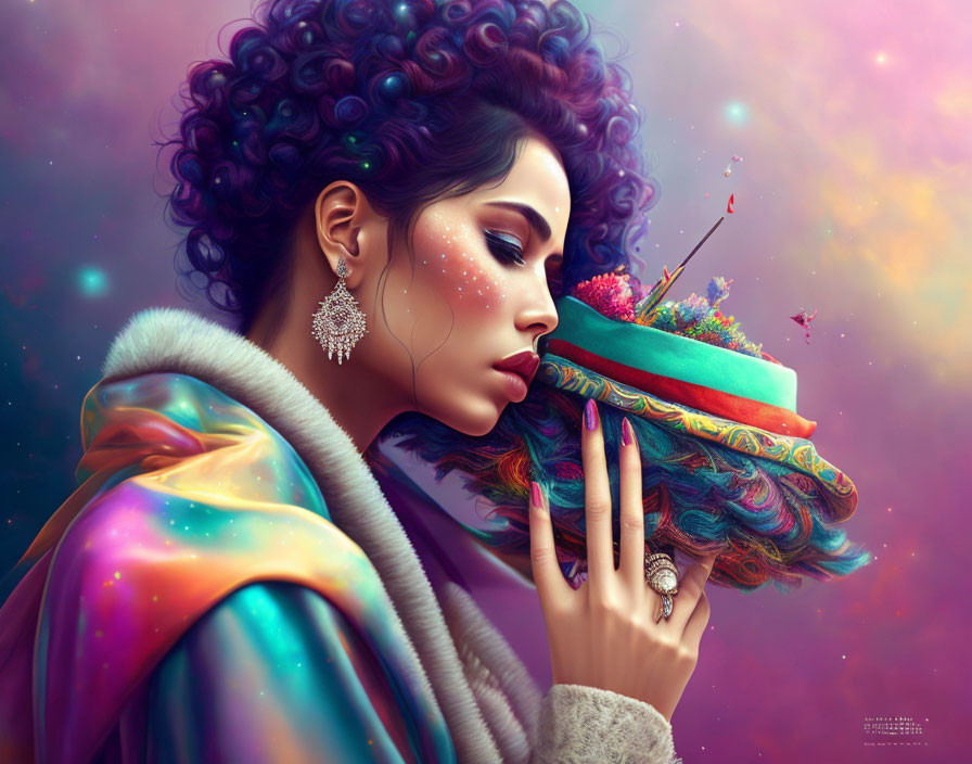 Colorful Curly Hair Woman in Galaxy-Themed Palette