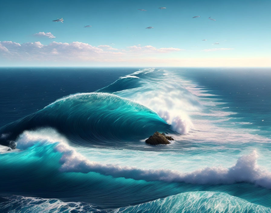 Ocean Wave Cresting Over Rock with Birds in Clear Blue Sky