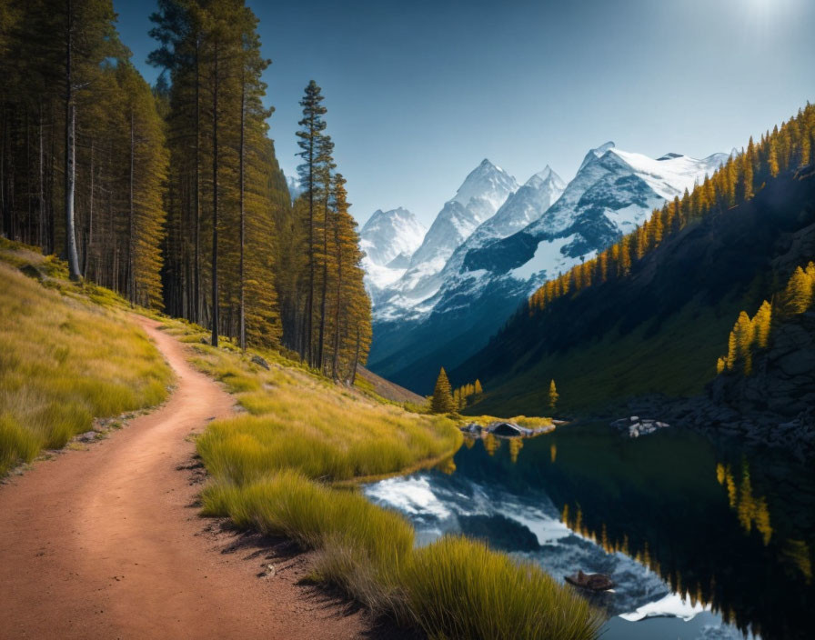 Tranquil alpine landscape with lake, forests, and mountains