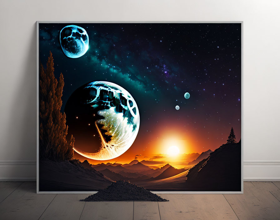 Surreal cosmic landscape art with planets, starry sky, and setting sun beside indoor plants