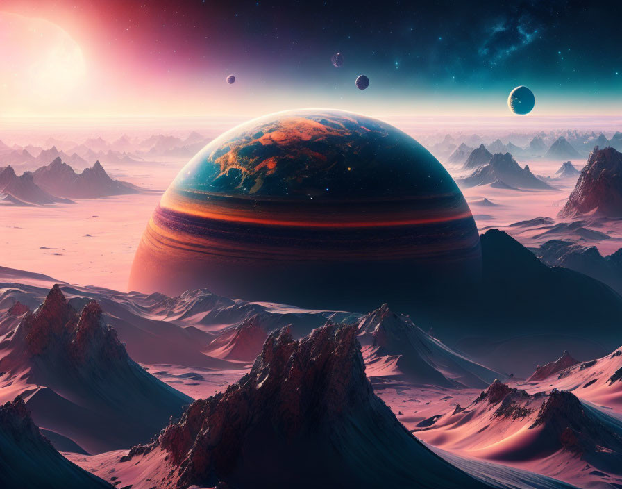 Rocky mountains, ringed planet, and celestial bodies in a surreal sci-fi landscape