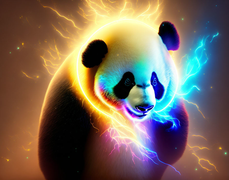 Colorful Panda Surrounded by Lightning Energy on Warm Background