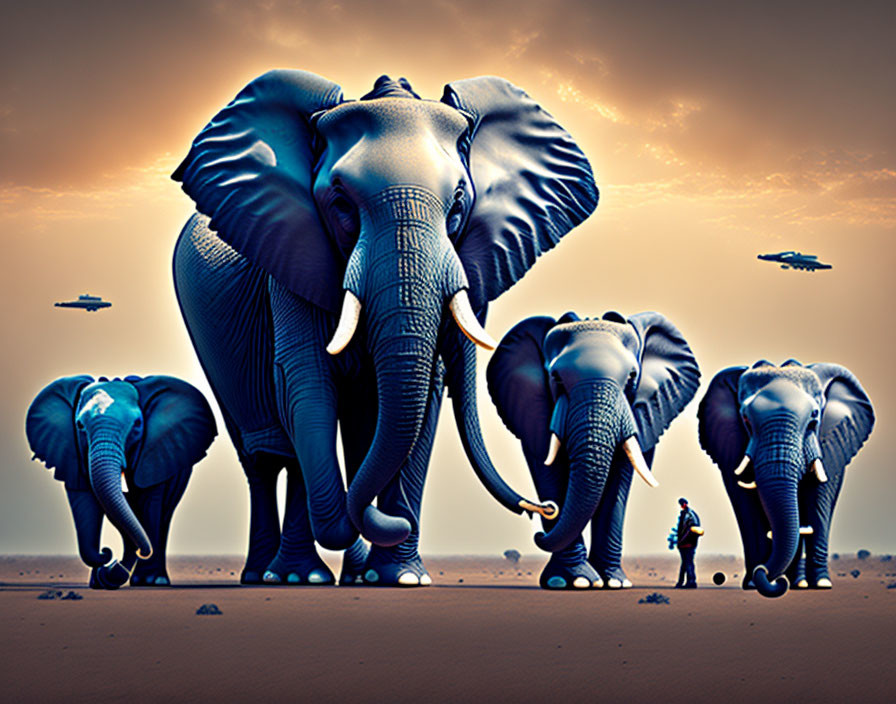 Person surrounded by large elephants and futuristic airships on sandy terrain