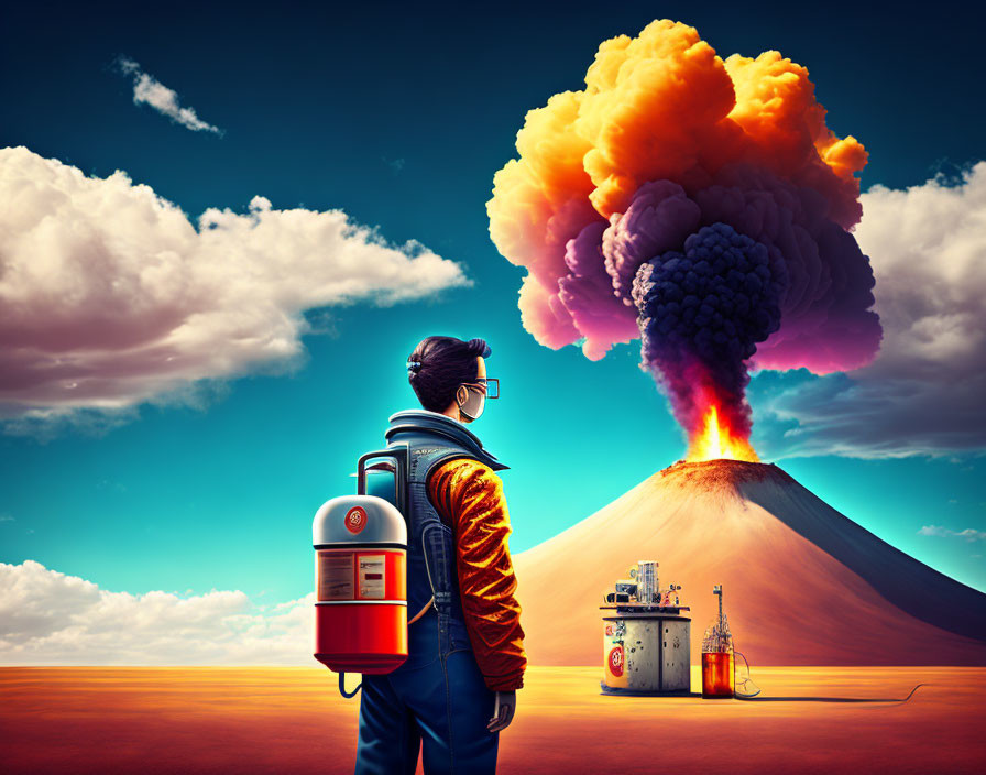 Person in protective suit views massive volcanic eruption with colorful clouds.