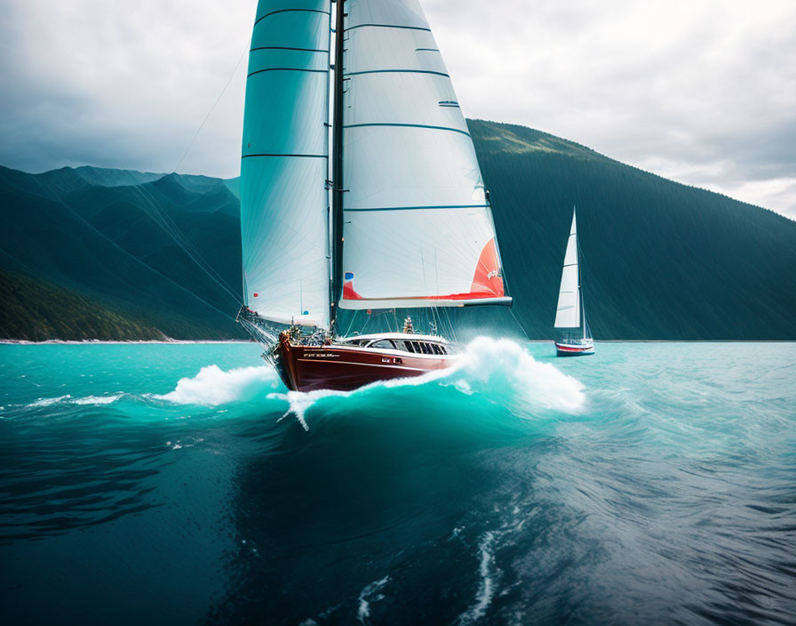 Sailboat with white and red sails on ocean waves, mountains in background