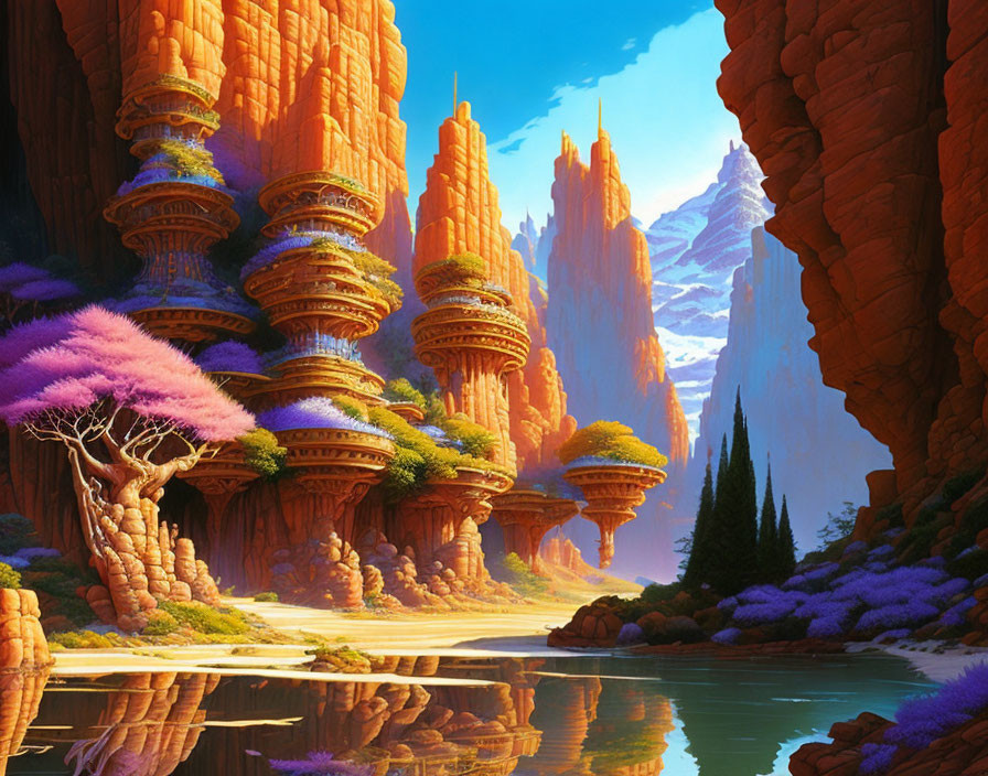 Vibrant fantasy landscape with orange rock formations, purple foliage, serene river, and icy peaks.