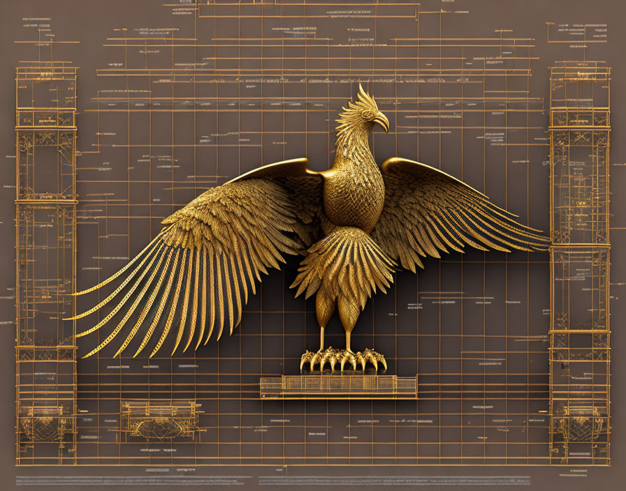 Golden Eagle Sculpture on Pedestal with Outstretched Wings and Blueprints