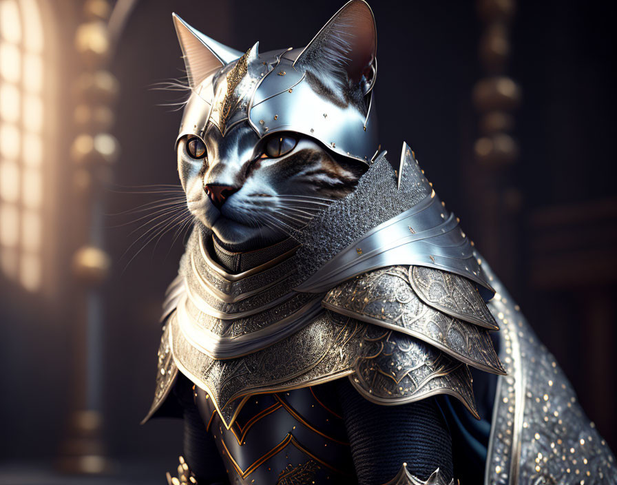 Detailed Medieval Armor Cat Art: Majestic Fantasy Pose