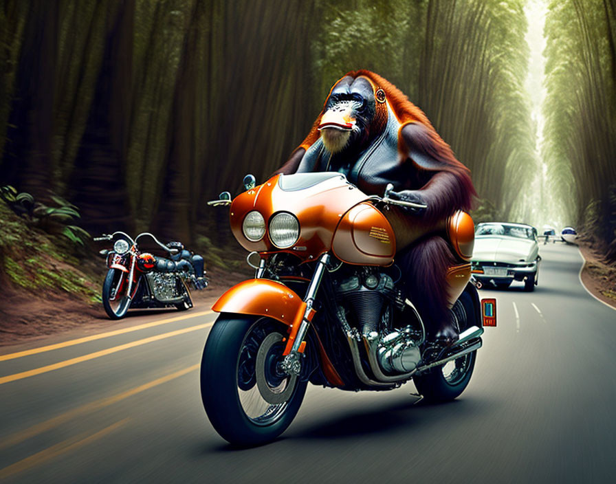 Orangutan riding motorcycle on forest road with vehicles