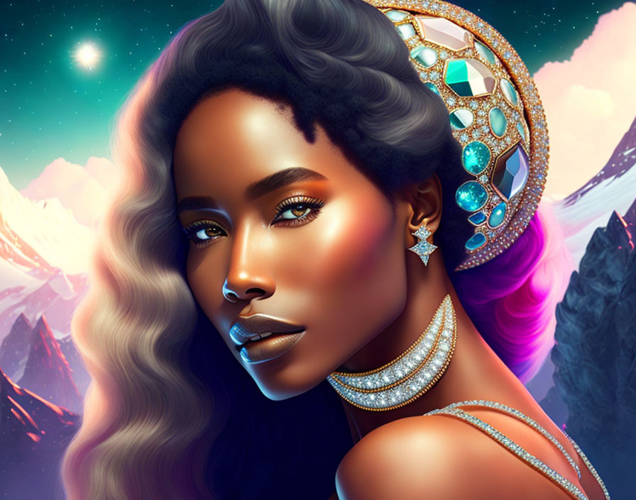 Luminous woman with ornate jewelry in fantastical landscape