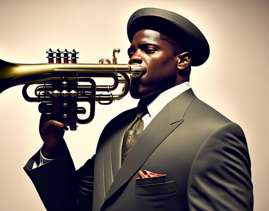 Man in Suit and Hat Playing Trumpet on Tan Background