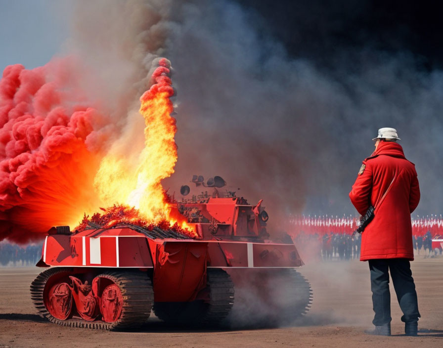 Person observes red tank emitting large red smoke plume at demo