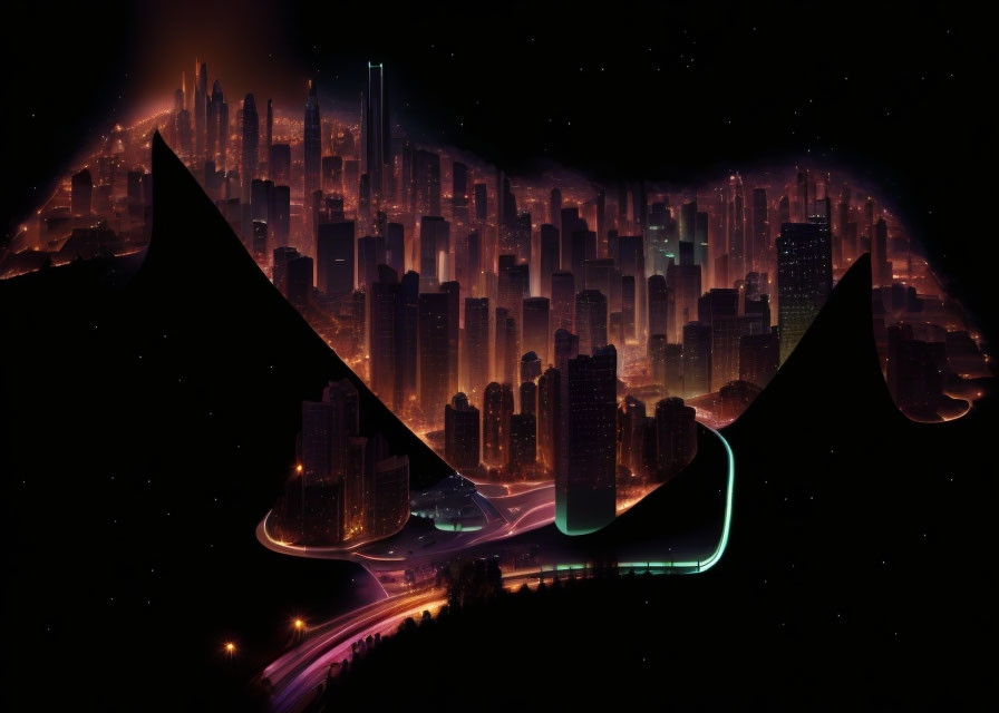 Silhouette of Bat Over Neon-lit Futuristic Cityscape at Night