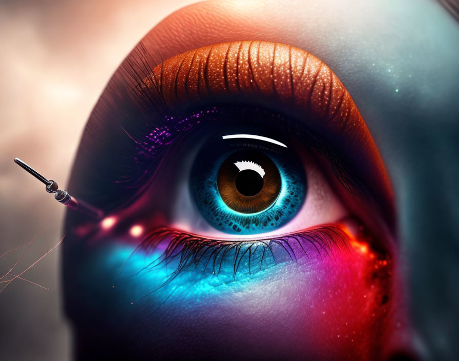 Detailed digital artwork: Human eye with vibrant makeup and intricate machine mechanism