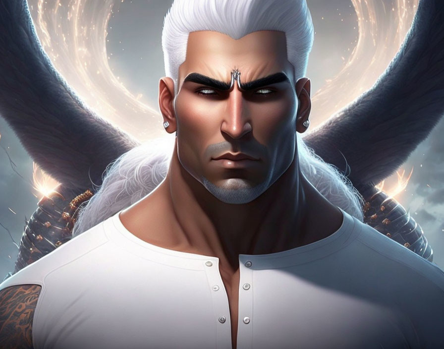 Muscular man with white hair and wing earring, tattoo, and ethereal glow