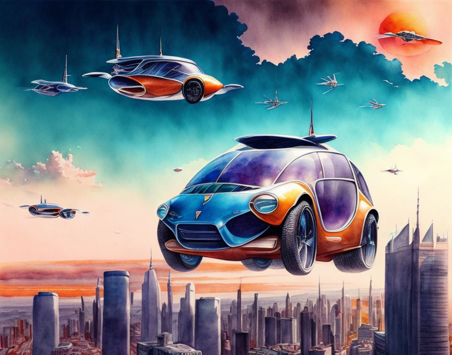 Futuristic cityscape with flying cars and dramatic sky