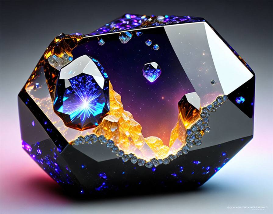 Multifaceted black gemstone with blue and orange light reflections