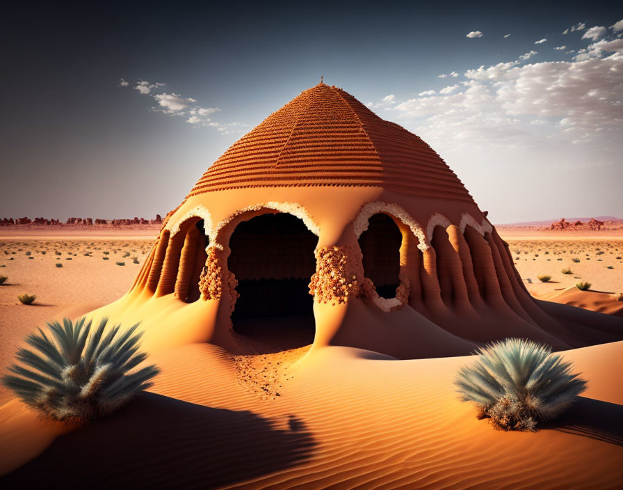 Patterned dome structure in desert with shrubs under blue sky