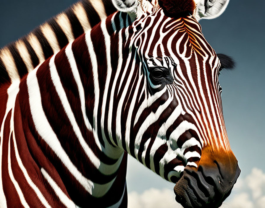 Zebra with bold black and white stripes under blue sky