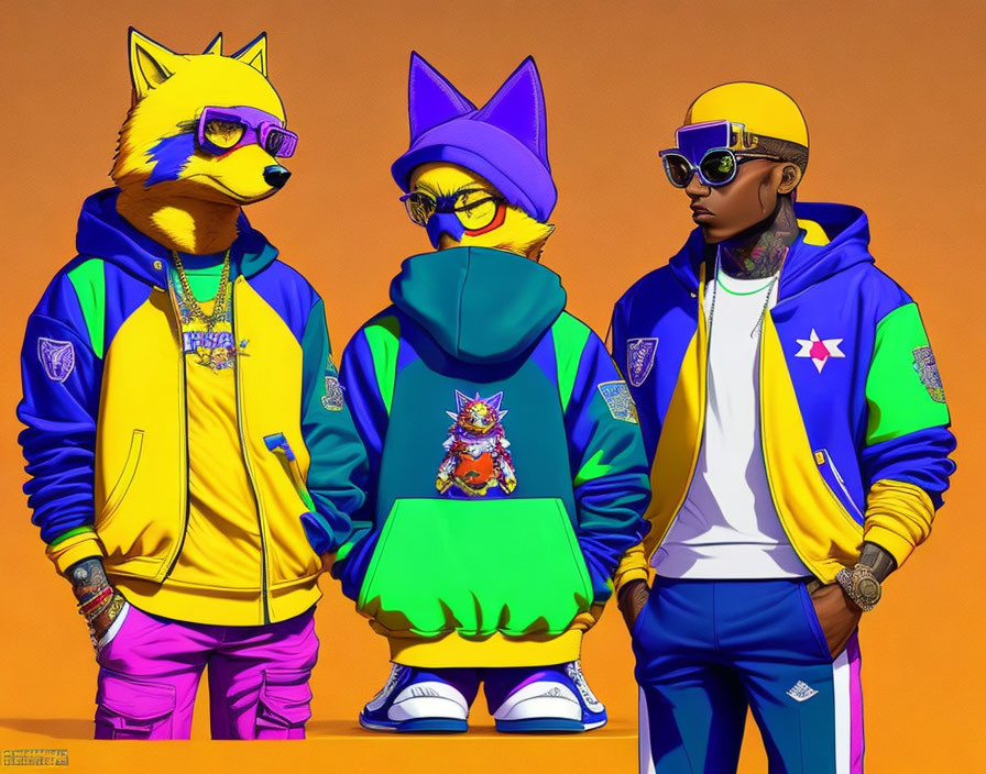 Anthropomorphic fox and two cats in vibrant streetwear on orange background