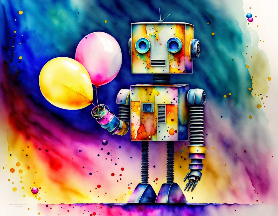 Colorful Watercolor Illustration of Whimsical Robot with Balloons